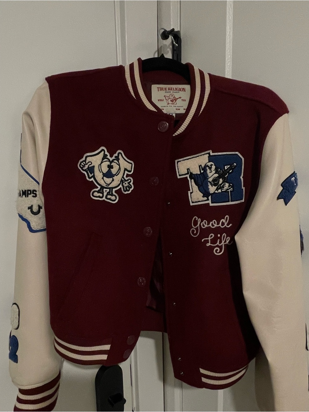True Religion' Maroon and Cream Varsity Jacket